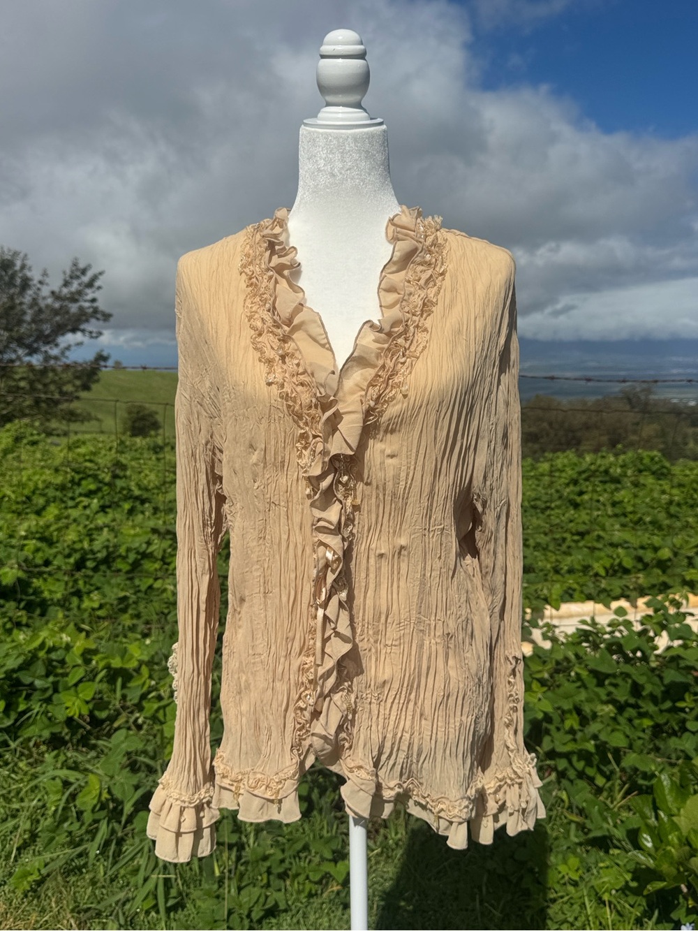 90s VTG Whimsical Romantic Fairy Golden Plissé crinkle blouse Ruffled
